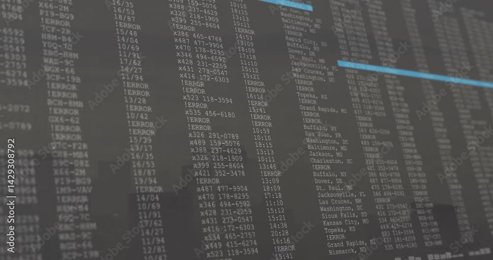 Poster computer monitor displaying vertical alphanumeric columns with faint city skyline in flat design