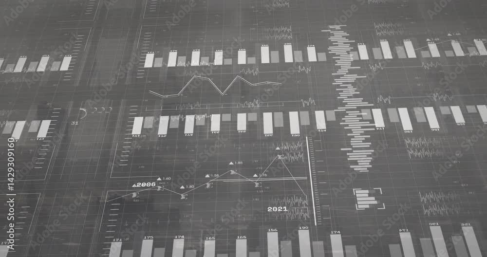 Poster Digital data interface showing translucent bar charts, line graphs, waveforms, labels over grid