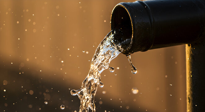 Black Drainage Pipe Releasing Clear Water Against Blurred Background with Bright Sunlight