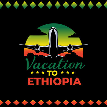 Vacation to Ethiopia Travel Poster &ndash; Airplane with Ethiopian Flag Sunset Background