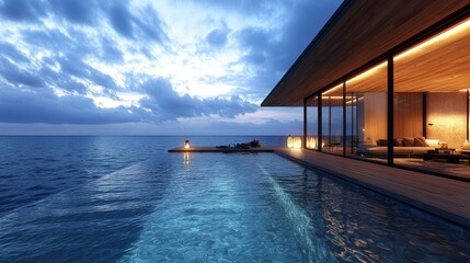 Fototapeta premium Oceanfront villa's infinity pool at twilight