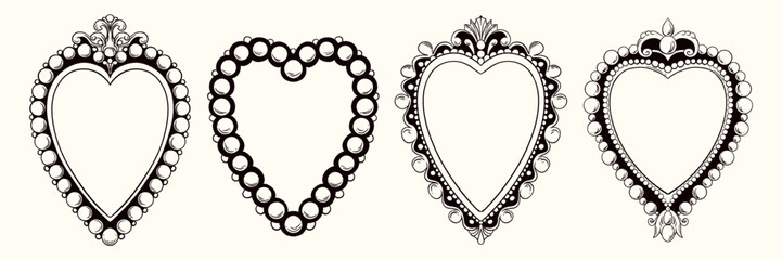 Heart-shaped vintage frames with ornate details and pearl borders. Coquette style with romantic shapes and elegant decorative accents.