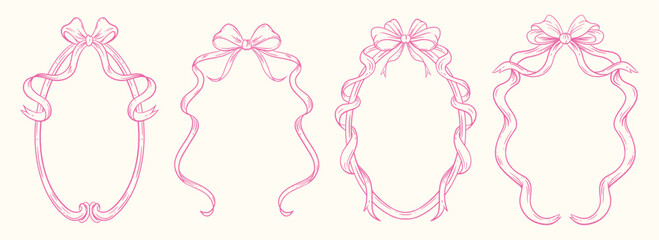 Set of vintage-style frames made of flowing ribbons tied into bows. Coquette aesthetic with delicate curves and soft shapes. Hand-drawn in line art.