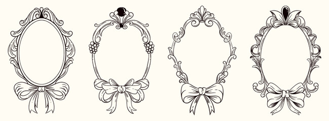 Collection of ornate oval frames with vintage baroque elements and decorative bows. Coquette-inspired detailing with elegant and romantic flair.