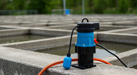 Blue and Black Electric Submersible Pump System on Concrete Structure for Liquid Waste Treatment in Daylight