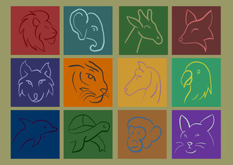 Minimalist colorful animal line drawings collection