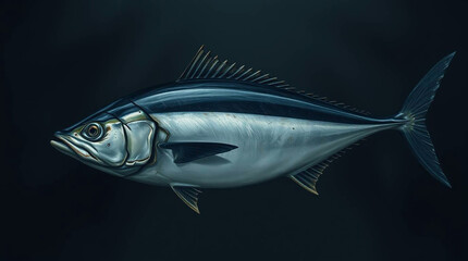 Fototapeta premium A depiction of a tuna fish in a strong moody style, characterized by low contrast and a somber palette.jpg