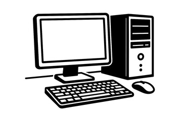 Vector illustration of a desktop computer setup with a monitor, keyboard, mouse, and tower in black and white. Represents technology, work, and digital devices.