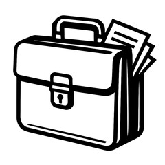 Vector illustration of a briefcase with papers sticking out in black and white. Represents business, work, and documents.
