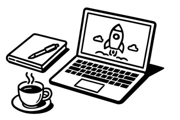 Fototapeta premium Vector illustration of a laptop displaying a rocket launch, a notebook with a pen, and a steaming cup of coffee in black and white. Represents work, creativity, and new beginnings.