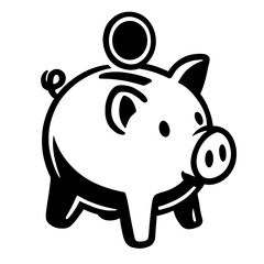 Vector illustration of a piggy bank with a coin being dropped into its slot in black and white. Represents savings, finance, and money.