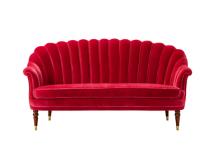 A bold red velvet sofa featuring a scalloped back design and three plush seat cushions, supported by slender wooden legs.