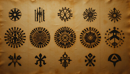 Fototapeta premium Assorted black symbols on parchment background creating an abstract pattern and design elements