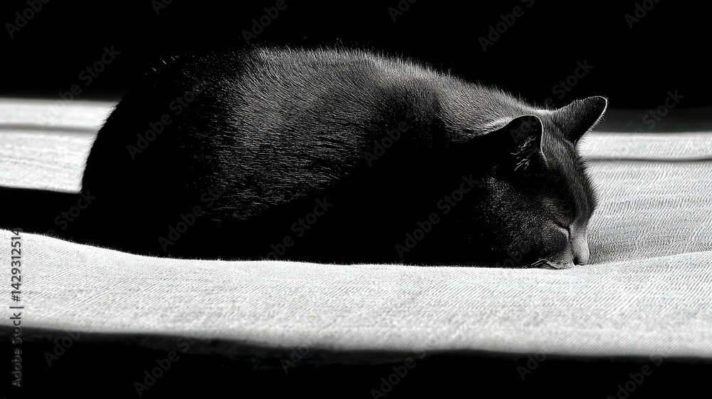 Aufkleber silhouette of a stretching cat creating long shadows on a soft bed in the early morning light