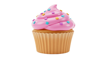Isolated Pink Frosted Cupcake with Sprinkles on Paper Liner
