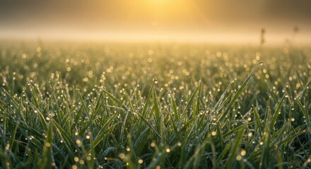 Dewy grass glistening in morning sunlight with misty background  