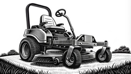 Zero Turn Mower Black and White Woodcut Illustration, Lawn Equipment, Gardening, Riding Mower lawn care, landscaping