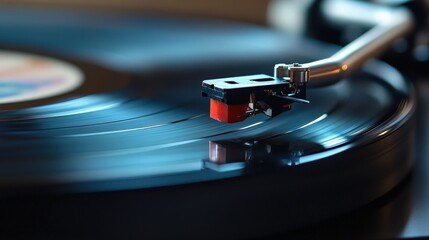 Close-up of a turntable needle tracking a vinyl record.