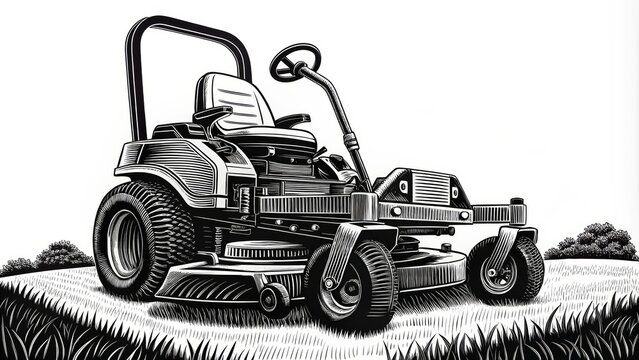Zero Turn Mower Black and White Woodcut Illustration, Lawn Equipment, Gardening, Riding Mower lawn care, landscaping