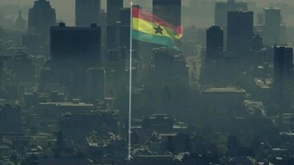Ghanaian flag waving on metallic flagpole above smoggy urban skyline in flat animated illustration - Powered by Adobe