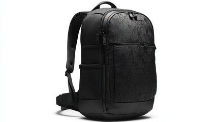 Sleek black backpack with an intricate graphic print, side pockets, and ergonomic design, isolate on white background