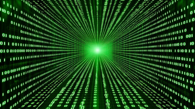 Futuristic digital binary code matrix symbolizes the complexity of data networks and the flood of information in the modern technological era, reflecting connectivity, analysis, and innovation.


