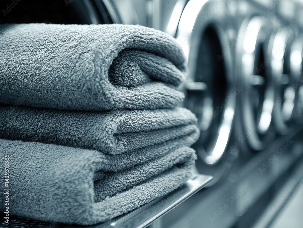 Poster softly folded towels on a laundry machine in daylight showcase simplicity and cleanliness