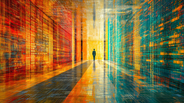 Futuristic digital binary code matrix symbolizes the complexity of data networks and the flood of information in the modern technological era, reflecting connectivity, analysis, and innovation.

