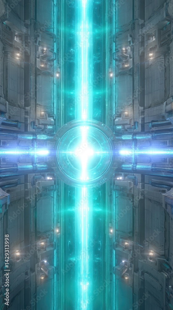 Poster ethereal blue beams emanate from a luminous core in a futuristic architectural setting