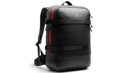 Naklejka premium Stylish black backpack with D graphic design, ergonomic straps, and waterproof material, isolate on white background