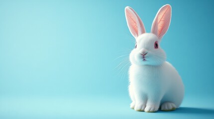 Obraz premium Adorable white rabbit with pink-tinted ears, isolated on a pastel blue minimalist backdrop 