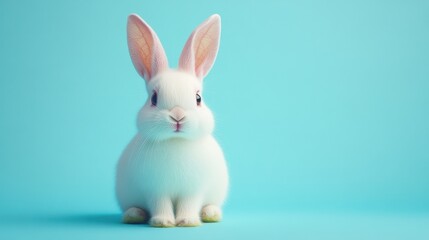 Adorable white rabbit with pink-tinted ears, isolated on a pastel blue minimalist backdrop