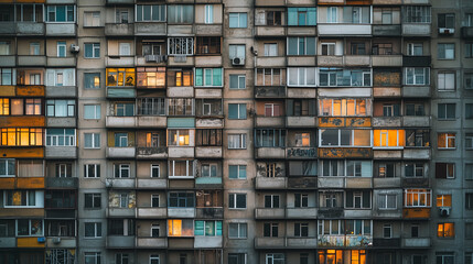Old concrete apartment facade with varied balconies and warm lit windows at sunset, evoking urban decay and life