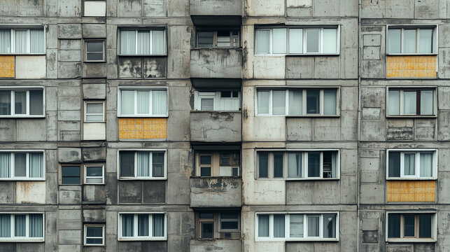 Front view of an old concrete apartment building with aged textures, repetitive windows, and minimal color accents.