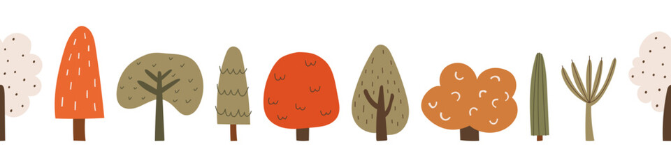 Seamless border with various simple trees in doodle style. Hand drawn autumn forest elements in naive design. Vector illustration on an isolated background.