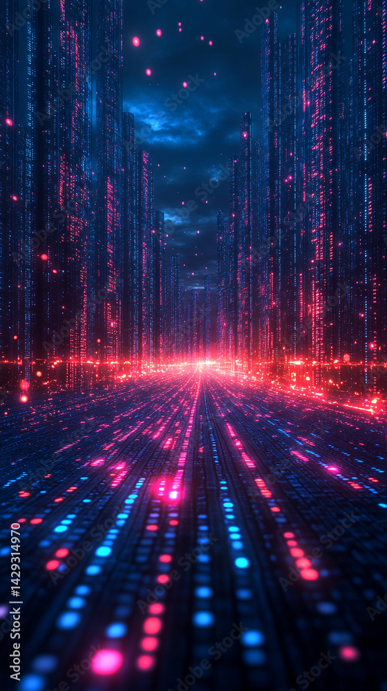 Poster futuristic digital binary code matrix symbolizes the complexity of data networks and the flood of in