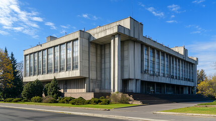 Fototapeta premium Brutalist government building with large windows, concrete facade, and clear blue sky in a quiet urban setting.