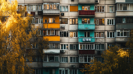 Obraz premium Colorful old Soviet-style apartment building facade with patchwork balconies and autumn trees in warm golden light.