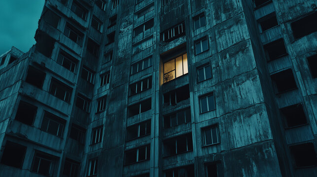 Tall, worn apartment building at dusk with a single lit window in an otherwise abandoned and decaying structure. - Powered by Adobe