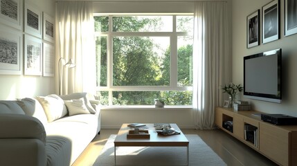 Sunlit living room with sofa, TV, and window view; ideal for home decor