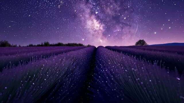 A serene night in a lavender field beneath a stunning starry sky with the Milky Way illuminated in the background, creating a peaceful and enchanting atmosphere for stargazers and nature lovers
