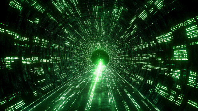 Futuristic digital binary code matrix symbolizes the complexity of data networks and the flood of information in the modern technological era, reflecting connectivity, analysis, and innovation.

