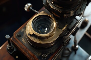 Antique brass microscope lens, intricate details, vintage scientific instrument.