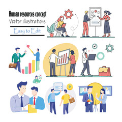 Human resources concept vector illustrations art set : Set of people vector illustrations in various activities of human resources vector illustrations, HR concept illustration pack, employee teamwork