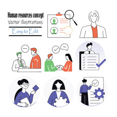 Human resources concept vector illustrations art set : Set of people vector illustrations in various activities of human resources vector illustrations, HR concept illustration pack, employee teamwork