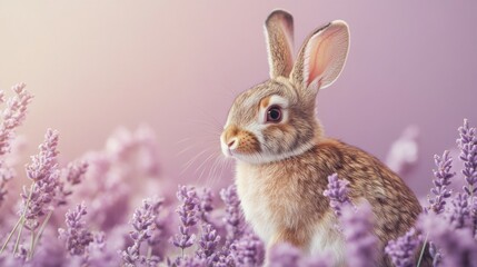 Fototapeta premium Charming brown rabbit with floppy ears, sitting on a simple lavender minimalist backdrop