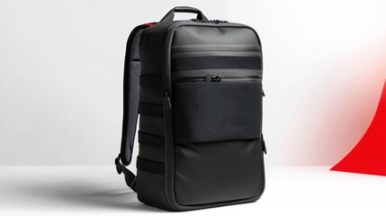 Fototapeta premium Sleek black backpack with graffiti-style graphic design, padded straps, and large storage capacity, isolate on white background