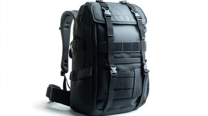 Naklejka premium Sleek black backpack with graffiti-style graphic design, padded straps, and large storage capacity, isolate on white background