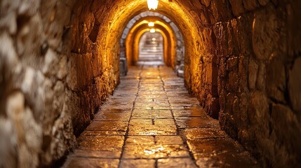 Obraz premium Stone Tunnel Passage Illuminated with Warm Lights