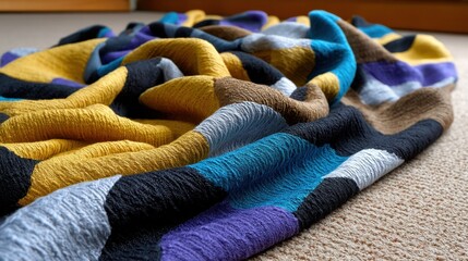 Vibrant Multicolored Patchwork Rug Draped on Beige Carpet in Home Interior